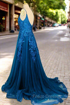 Blue A-line V Neck Formal Prom Dress Spaghetti Straps Sweep Train Tulle Evening Dress With Appliqued