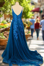 Blue A-line V Neck Formal Prom Dress Spaghetti Straps Sweep Train Tulle Evening Dress With Appliqued