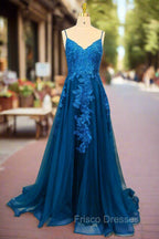 Blue A-line V Neck Formal Prom Dress Spaghetti Straps Sweep Train Tulle Evening Dress With Appliqued