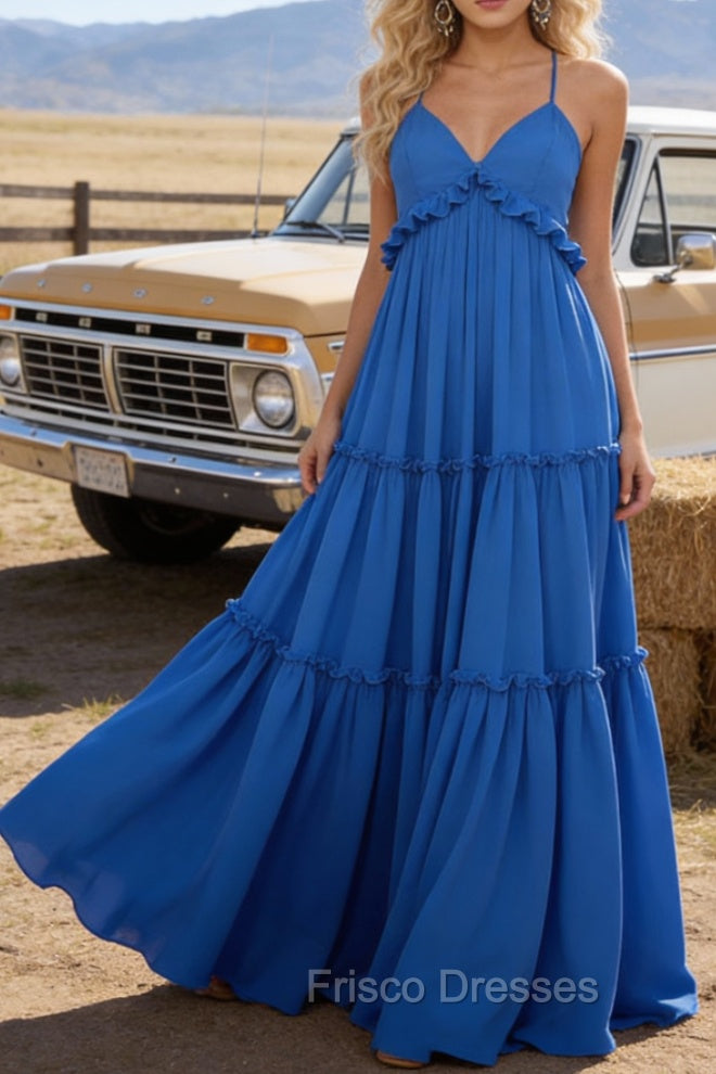 Blue A-line V Neck Sleeveless Floor-Length Chiffon Prom Dress Long Prom Dresses Backless with Pleated Ruffles Secondary image