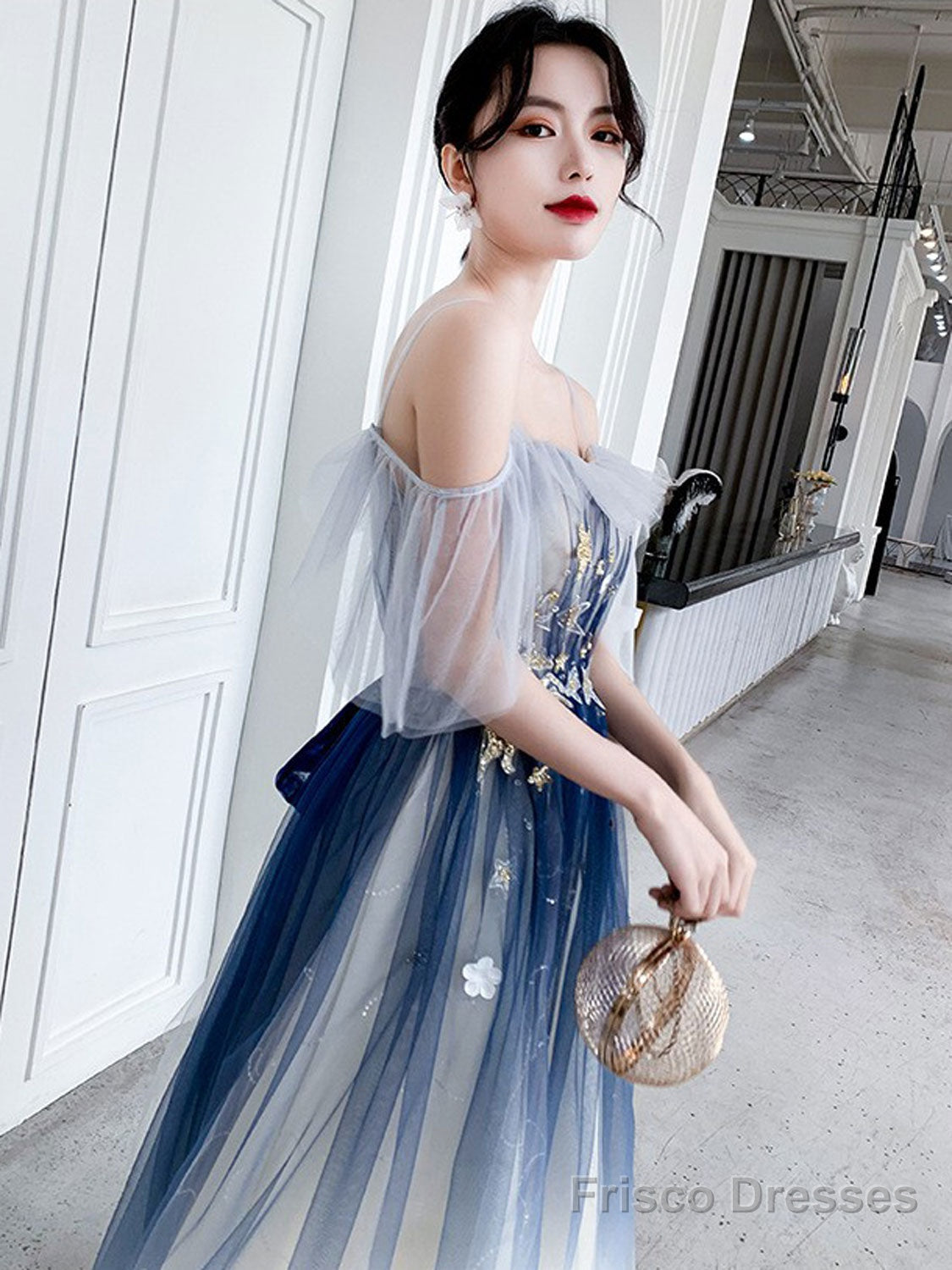 Blue Aline Tulle Long Prom Dress Blue Tulle Formal Dress