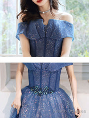Blue Aline Tulle Off Shoulder Long Prom Dress Blue Long Formal Dress