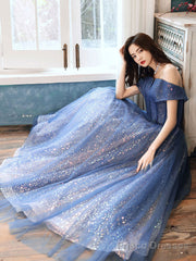Blue Aline Tulle Off Shoulder Long Prom Dress Blue Long Formal Dress