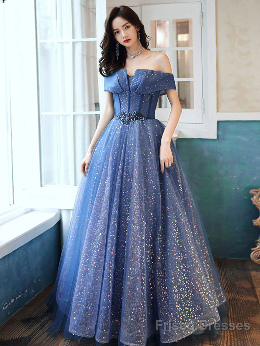 Blue Aline Tulle Off Shoulder Long Prom Dress Blue Long Formal Dress Main image