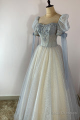 Blue And Champagne Tulle Beaded Shiny Tulle Prom Dresses, A-Line Long Party Dresses