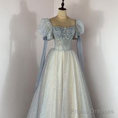 Blue And Champagne Tulle Beaded Shiny Tulle Prom Dresses, A-Line Long Party Dresses