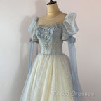 Blue And Champagne Tulle Beaded Shiny Tulle Formal Prom Dress, A-Line Long Party Dress