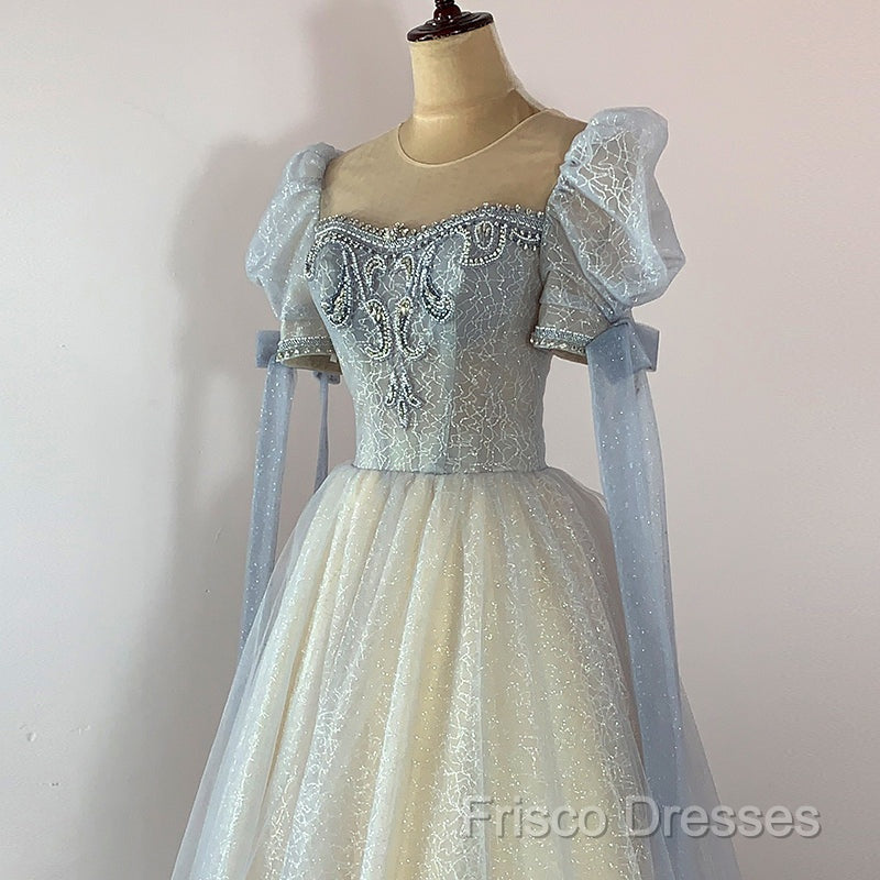 Blue And Champagne Tulle Beaded Shiny Tulle Formal Prom Dress, A-Line Long Party Dress
