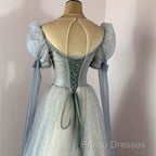 Blue And Champagne Tulle Beaded Shiny Tulle Formal Prom Dress, A-Line Long Party Dress
