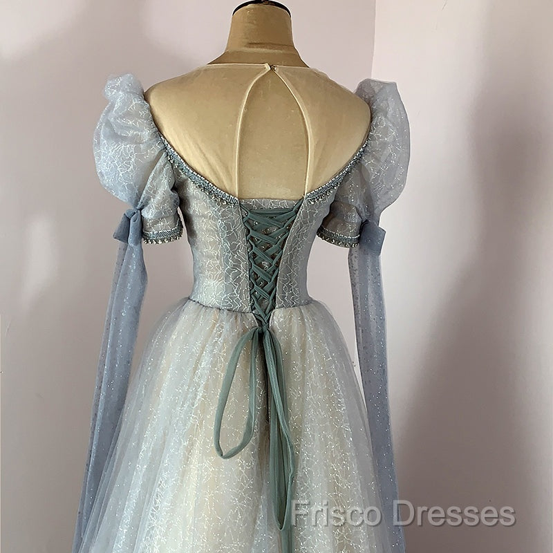 Blue And Champagne Tulle Beaded Shiny Tulle Formal Prom Dress, A-Line Long Party Dress