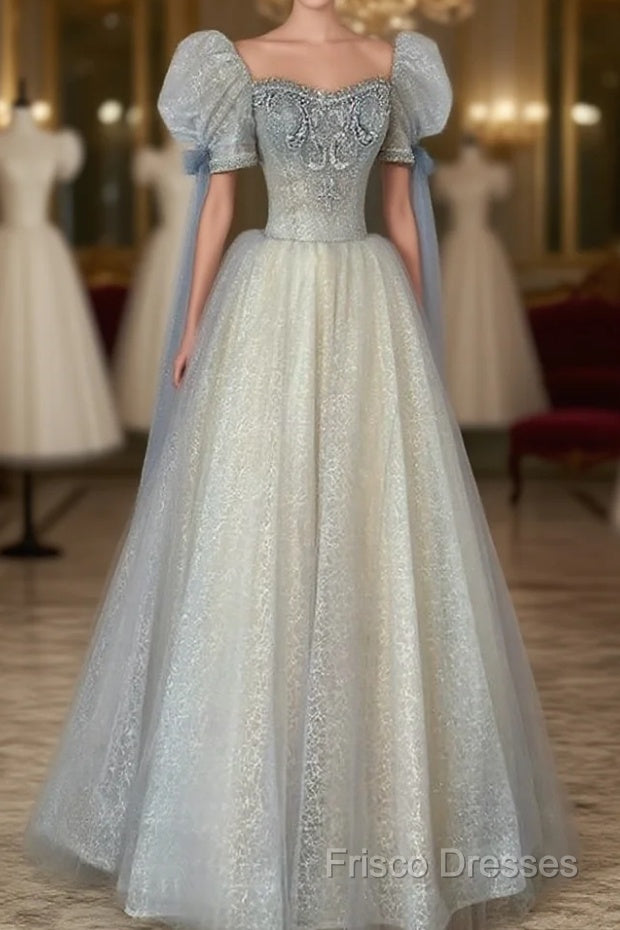 Blue And Champagne Tulle Beaded Shiny Tulle Formal Prom Dress, A-Line Long Party Dress Main image
