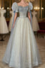 Blue And Champagne Tulle Beaded Shiny Tulle Formal Prom Dress, A-Line Long Party Dress