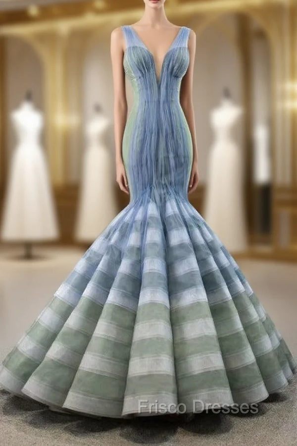 Blue And Green Mermaid V-neck Pleats Formal Prom Dress