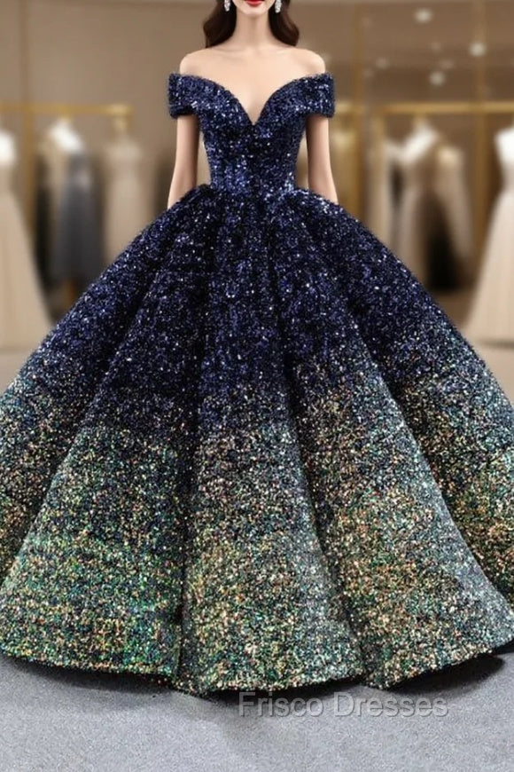 Blue And Green Sequins Off the Shoulder Formal Prom Dress