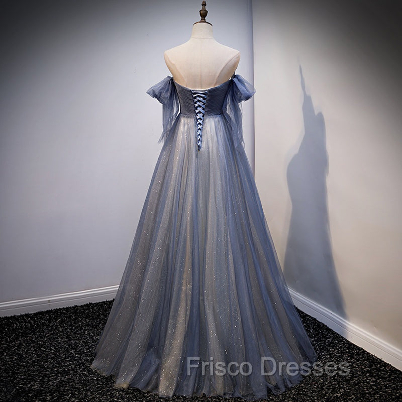 Blue and Grey Tulle Long Sweetheart Party Dress, Tulle A-line Formal Dress