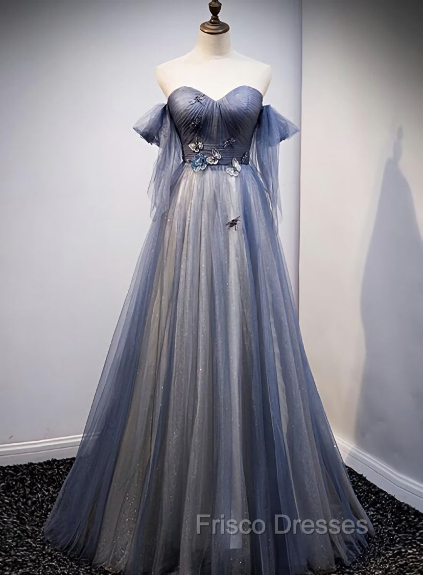 Blue and Grey Tulle Long Sweetheart Party Dress, Tulle A-line Formal Dress Main image