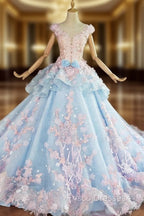 Blue and Pink Ball Gown Tulle with Flowers Sweet 16 Dress, Blue Formal Dress