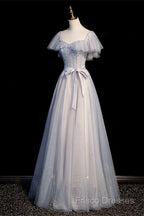 Blue And Pink Beaded Tulle Lovely A-Line Long Party Dress, Tulle Formal Dress Formal Prom Dress
