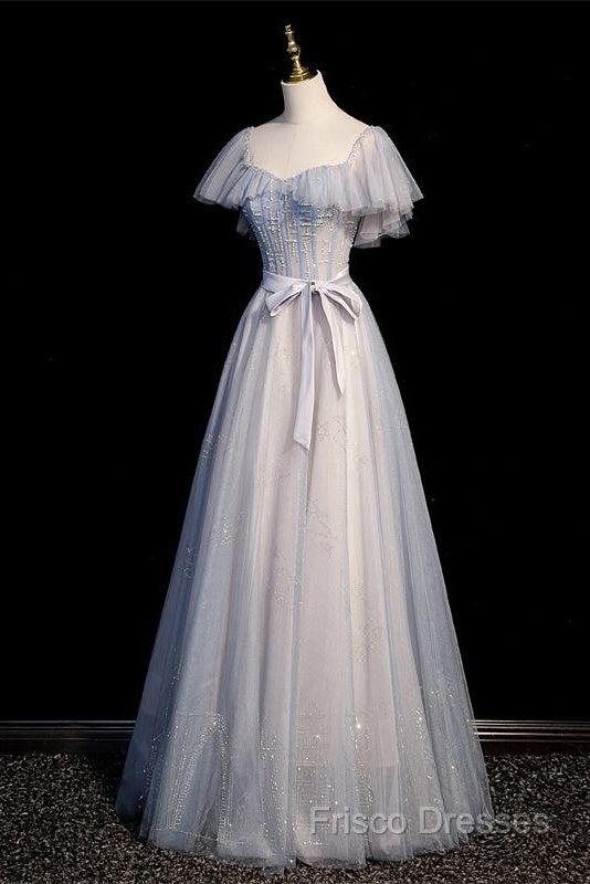 Blue And Pink Beaded Tulle Lovely A-Line Long Party Dress, Tulle Formal Dress Formal Prom Dress