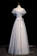 Blue And Pink Beaded Tulle Lovely A-Line Long Party Dress, Tulle Formal Dress Formal Prom Dress
