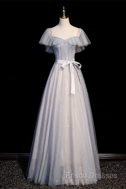 Blue And Pink Beaded Tulle Lovely A-Line Long Party Dress, Tulle Formal Dress Formal Prom Dress
