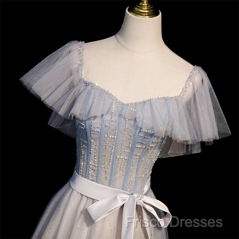 Blue And Pink Beaded Tulle Lovely A-Line Long Party Dress, Tulle Formal Dress Formal Prom Dress