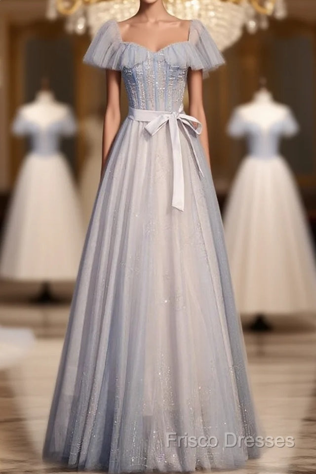 Blue And Pink Beaded Tulle Lovely A-Line Long Party Dress, Tulle Formal Dress Formal Prom Dress Main image