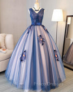 Blue and Pink Flower Lace Applique V-neckline Sweet 16 Gown, Floor Length Formal Dress