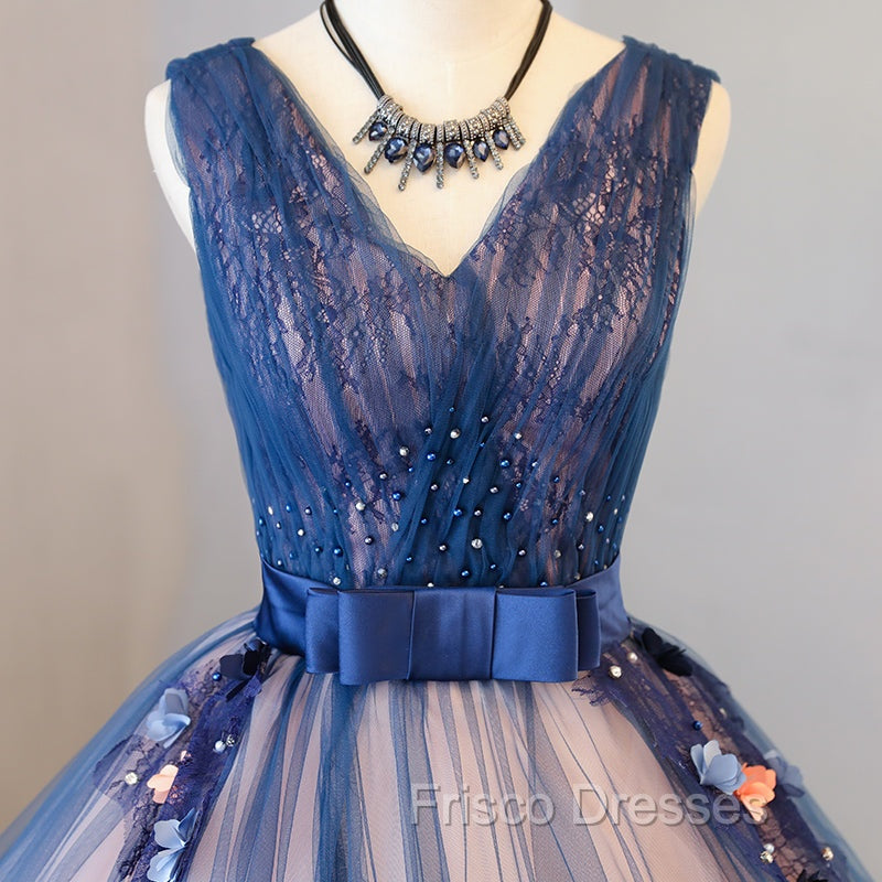 Blue and Pink Flower Lace Applique V-neckline Sweet 16 Gown, Floor Length Formal Dress