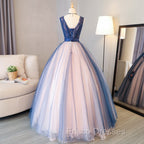 Blue and Pink Flower Lace Applique V-neckline Sweet 16 Gown, Floor Length Formal Dress