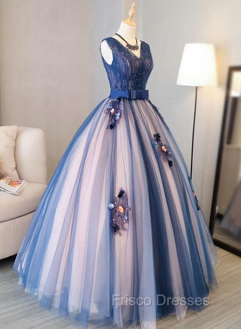 Blue and Pink Flower Lace Applique V-neckline Sweet 16 Gown, Floor Length Formal Dress Main image