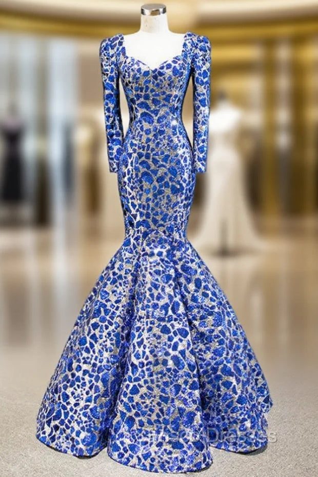 Blue And Silver Sequins Mermaid Long Sleeve Square Formal Prom Dress