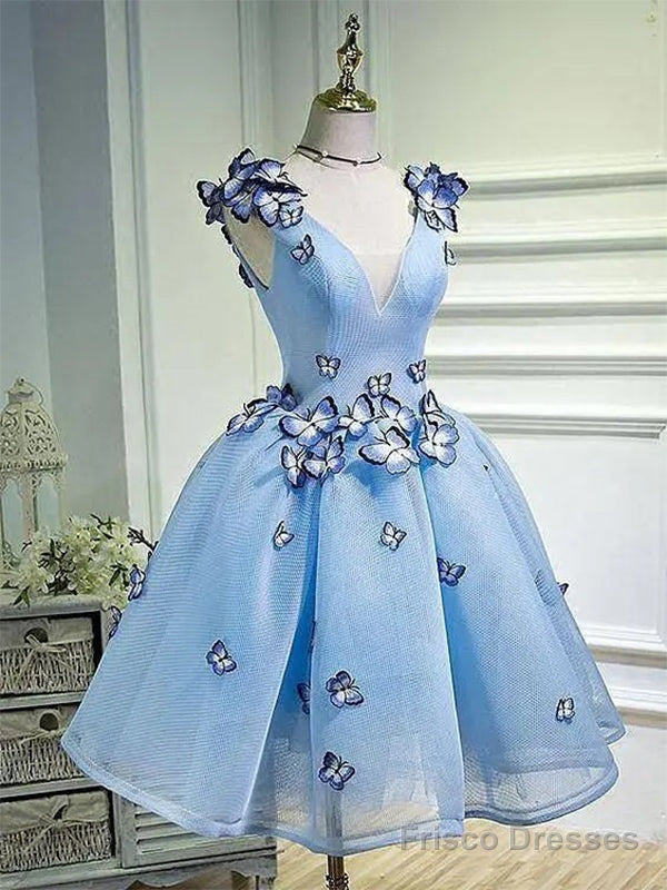 Blue Applique V-Neck Short Homecoming Dress, Main image