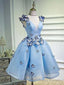 Blue Applique V-Neck Short Homecoming Dress,