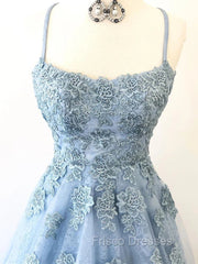 Blue Backless Lace Formal Prom Dress, Open Back Blue Lace Formal Evening Graduation Dress