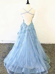 Blue Backless Lace Formal Prom Dress, Open Back Blue Lace Formal Evening Graduation Dress
