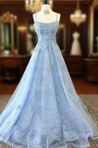 Blue Backless Lace Formal Prom Dress, Open Back Blue Lace Formal Evening Graduation Dress