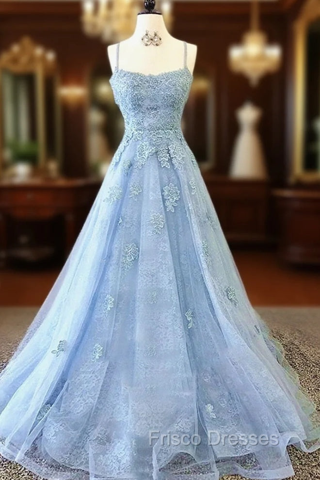 Blue Backless Lace Formal Prom Dress, Open Back Blue Lace Formal Evening Graduation Dress