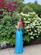Blue Backless Mermaid Satin Long Evening Prom Dress