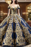 Blue Ball Gown Gold Sequins Off the Shoulder Deep V-neck Formal Prom Dress