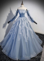 Blue Ball Gown Long Sleeves Beaded Party Dress, Blue Formal Prom Dress Sweet 16 Dress