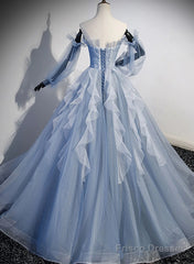 Blue Ball Gown Long Sleeves Beaded Party Dress, Blue Prom Dress Sweet 16 Dress