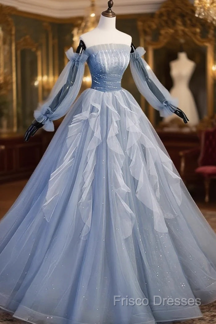Blue Ball Gown Long Sleeves Beaded Party Dress, Blue Formal Prom Dress Sweet 16 Dress Main image