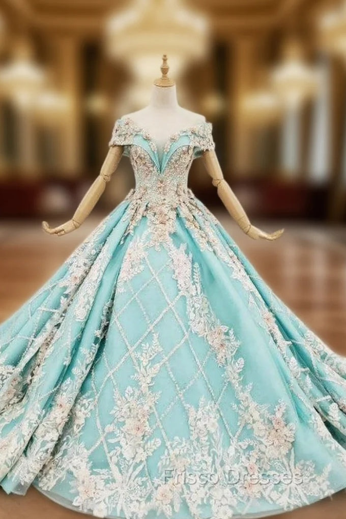Blue Ball Gown Off the Shoulder Appliques Beading Formal Prom Dress