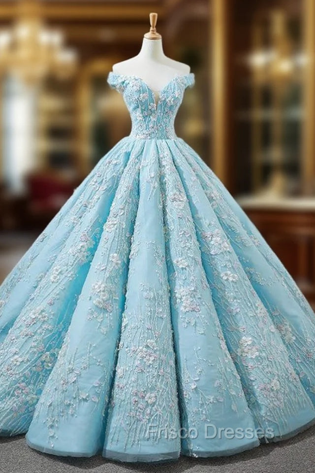 Blue Ball Gown Off The Shoulder Appliques Haute Couture Wedding Dress Main image