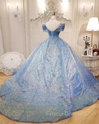 Blue Ball Gown Off-the-shoulder Sequins Quinceanera Dress