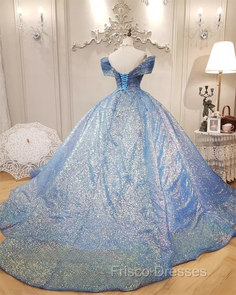 Blue Ball Gown Off-the-shoulder Sequins Quinceanera Dress