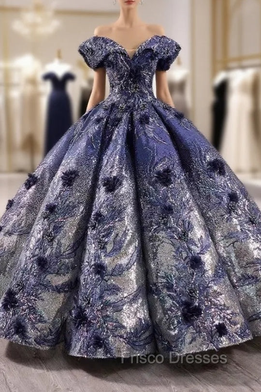 Blue Ball Gown Sequins Appliques Off the Shoulder Formal Prom Dress Main image