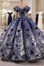Blue Ball Gown Sequins Appliques Off the Shoulder Formal Prom Dress
