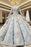 Blue Ball Gown Sequins Long Sleeve Appliques Luxury Wedding Dress With Pearls